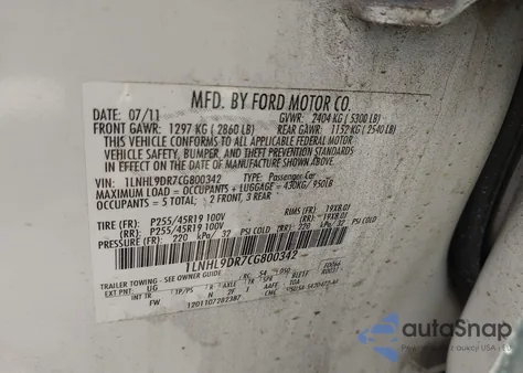 2012 Lincoln Mks z USA, uszkodzony, nr VIN 1LNHL9DR7CG800342